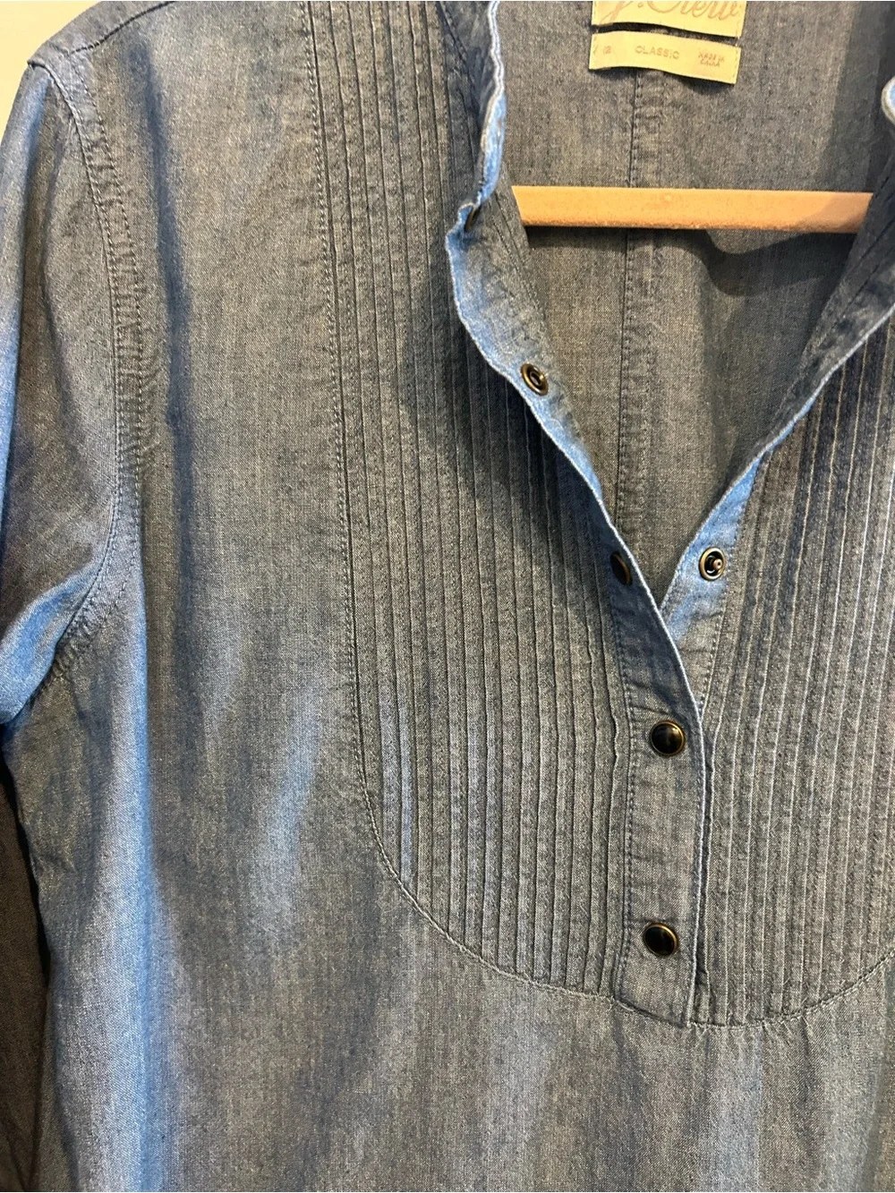 J. Crew Light Blue Pintuck Front Denim-Style Blouse